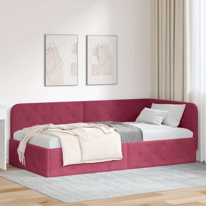Cadru de pat colțar cu headboard Roșu Vin 90 x 200 cm Catifea GartenMobel Dekor