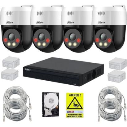 Sistem supraveghere IP inteligent Dahua, 4 camere rotative, 5MP, Alarma, Difuzor, NVR 4 canale, Switch PoE, Accesorii montaj, HDD SafetyGuard Surveillance