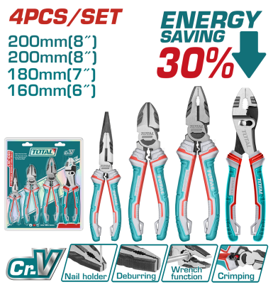 TOTAL - SET 4 CLESTI - CLESTE CU VARF ASCUTIT 6'', CLESTE TAIETOR 7'', PATENT 8", CLESTE UNIVERSAL 8 PowerTool TopQuality