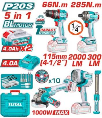 TOTAL - KIT COMBO 20V - MASINA DE GAURIT CU IMPACT, MASINA DE INSURUBAT CU IMPACT, POLIZOR UNGHIULAR PowerTool TopQuality