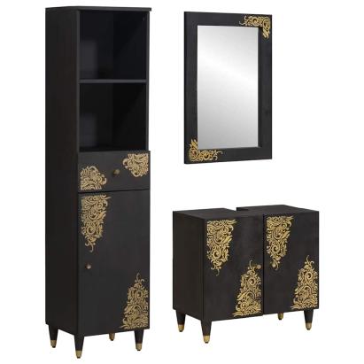 Set dulap baie cu sertar cu ușă 3 pcs Negru Lemn de mango solid GartenMobel Dekor