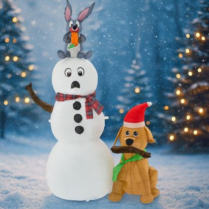 Om de zapada de exterior gonflabil, iluminare LED, cu catel si iepuras, cu compresor integrat, 180x80x60 cm, alb Household NewTrend