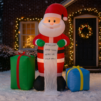 Mos Craciun gonflabil de exterior, iluminare LED, cu cadouri si lista, compresor integrat, 180x80x60 cm, rosu Household NewTrend