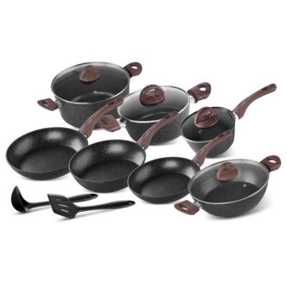Set oale cu capac, tigai, ustensile pentru gatit, aluminiu, 13 piese, Black Marble Line, Magic Home GartenVIP DiyLine