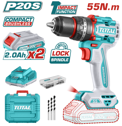 TOTAL - MASINA DE GAURIT CU PERCUTIE - 20V - 2.0AH LI-ION (INCLUDE 2 ACUMULATORI + 1 INCARCATOR) PowerTool TopQuality