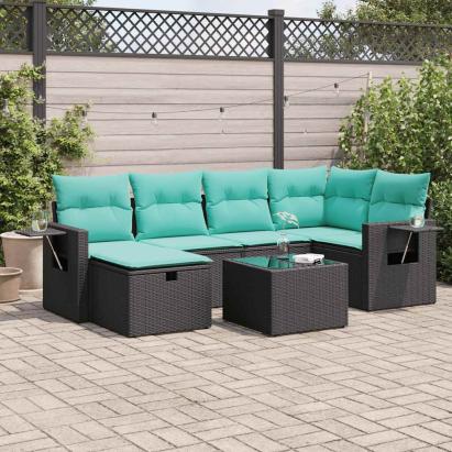 Set canapele de grădină cu perne, 7 piese, negru, poliratan GartenMobel Dekor