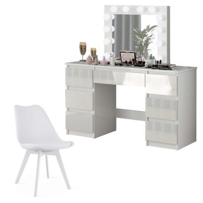 Set masa de toaleta/machiaj Vanessa + scaun Mark, sertare alb lucios, cu oglinda si LED-uri, Vanessa, 130x43x143 cm GartenVIP DiyLine