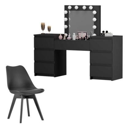 Set masa de toaleta/machiaj Antonia + scaun Mark, negru, cu oglinda si LED-uri, 155x42x135 cm GartenVIP DiyLine