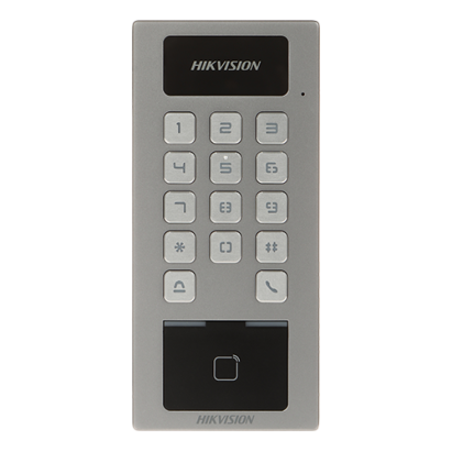 Cititor de proximitate RFID cu tastatura PIN/Card interior/exterior card microfon Hikvision - DS-K1T502DBWX SafetyGuard Surveillance
