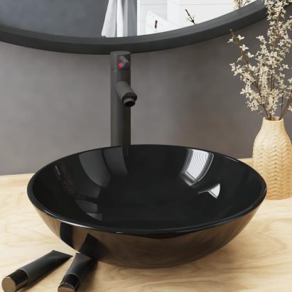 Chiuvetă baie, robinet&scurgere tip push, negru, sticlă călită GartenMobel Dekor