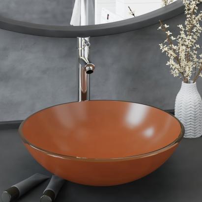 Chiuvetă baie, robinet și scurgere tip push, maro sticlă călită GartenMobel Dekor