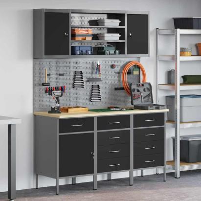 Banc de lucru cu sertar 7 pcs Negru 150 x 55 x 200 cm Oțel GartenMobel Dekor