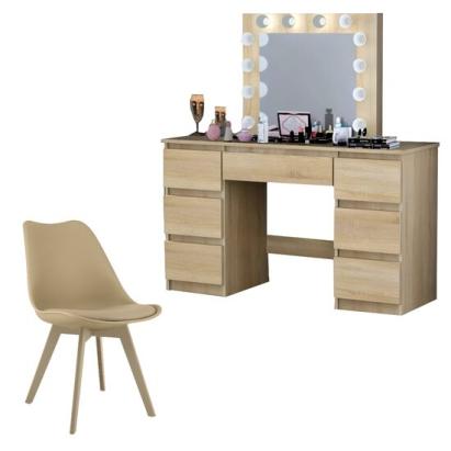 Set masa de toaleta/machiaj Vanessa + scaun Mark,  stejar, cu oglinda si LED-uri, 130x43x143 cm GartenVIP DiyLine