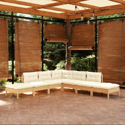 Set mobilier grădină cu perne crem, 7 piese, lemn de pin GartenMobel Dekor