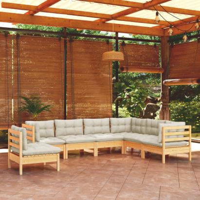 Set mobilier grădină cu perne crem, 7 piese, lemn masiv pin GartenMobel Dekor