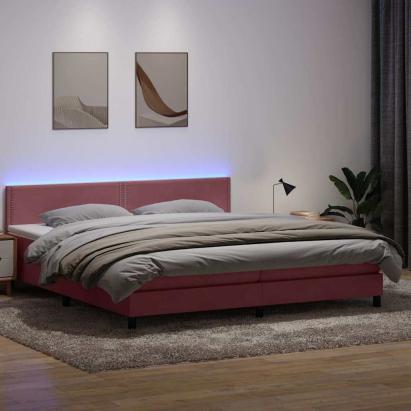 Pat cu arcuri cu saltea și LED, roz, 180x210 cm, catifea GartenMobel Dekor