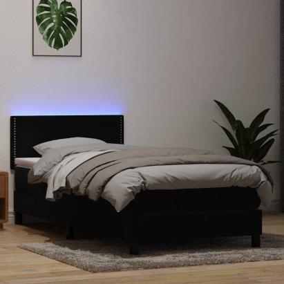 Pat cu arcuri cu saltea și LED, negru, 90x210 cm, catifea GartenMobel Dekor