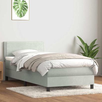 Pat box spring cu saltea, gri deschis, 90x210 cm, catifea GartenMobel Dekor
