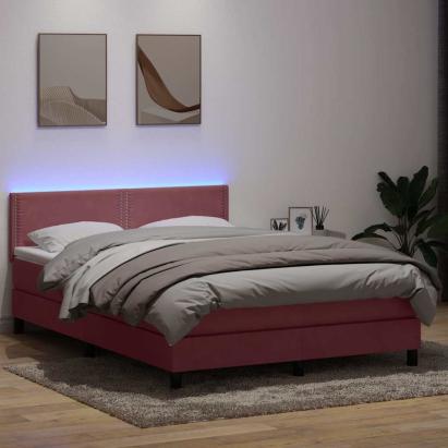Pat cu arcuri cu saltea și LED, roz, 160x220 cm, catifea GartenMobel Dekor