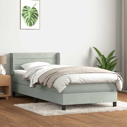Pat box spring cu saltea, gri deschis, 90x210 cm, catifea GartenMobel Dekor