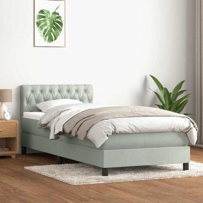 Pat box spring cu saltea, gri deschis, 90x210 cm, catifea GartenMobel Dekor