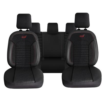 Set Huse Scaune Auto Panda Belek, material textil cu piele ecologica, cu fermoare pentru bancheta rabatabila, negru cu insertii rosii, 11 piese Automobile ProTravel