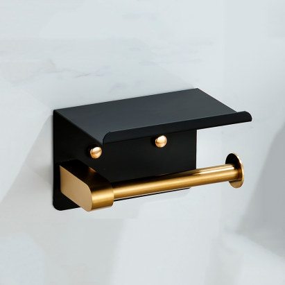 Suport pentru hartie igienica cu raft suplimentar, din otel, culoare neagra cu brat auriu FAVLine Selection