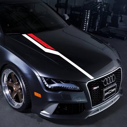 Set sticker autoadeziv Tuning in doua culori, model "Hood Stripes V3", dimensiune 130 x 10 cm, culoare Rosu + Negru FAVLine Selection