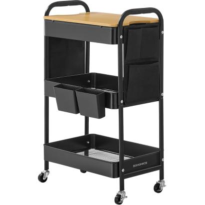 SONGMICS Raft de depozitare mobil tip carucior rulant, pentru baie sau bucatarie, cadru otel cu blat MDF, 31x44x74 cm, negru Household NewTrend