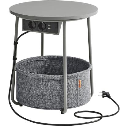VASAGLE Masuta de cafea rotunda cu cos de stofa, statie de incarcare 2 prize si 2 USB, 45x50cm, gri argintiu Household NewTrend