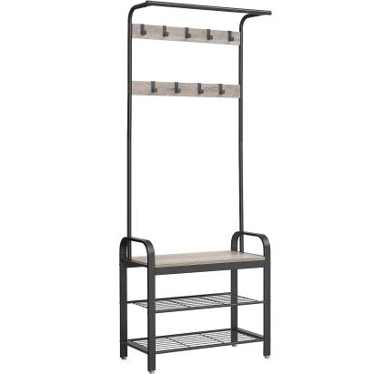 VASAGLE Cuier pentru haine cu banca de depozitare pantofi, cu 9 carlige si sina pentru haine, 34x72x183 cm, gri si negru Household NewTrend