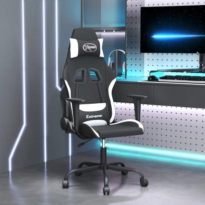 Scaun de gaming cu masaj, negru și alb, material textil GartenMobel Dekor