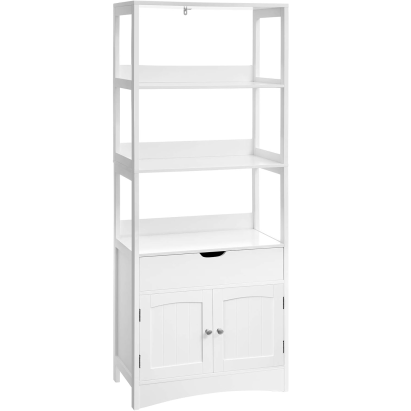 VASAGLE Dulap inalt baie cu 3 rafturi, 1 sertar si 1 dulap, din MDF, 60x33x154 cm, alb Household NewTrend