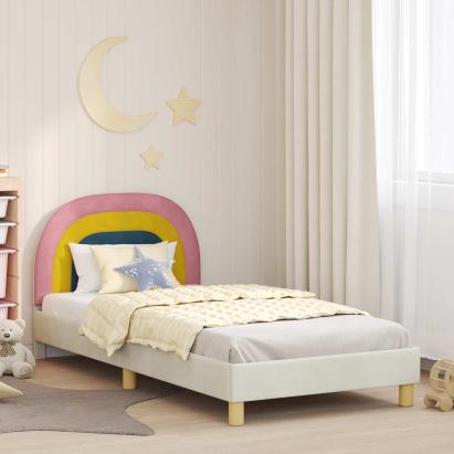 Cadru de pat pentru copii cu spătar Crem 90 x 190 cm Catifea GartenMobel Dekor