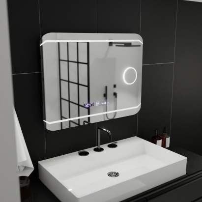 Oglinda LED Rectangulara, 80x60cm, Stile MotionGlow Marcello, Sistem Dezaburire, Ceas & Termometru, Lupa Cosmetica, Dimabila ModernLight Concept