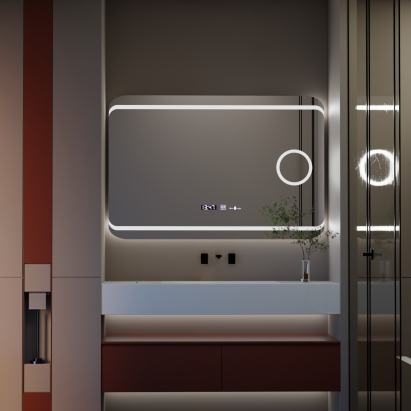 Oglinda LED Rectangulara, 120x80cm, Definition MotionGlow Marcello, Sistem Dezaburire, Ceas & Termometru, Lupa Cosmetica, Dimabila ModernLight Concept