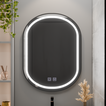 Oglinda LED Ovala 50x80cm VETRO Touch Sistem Dezaburire Dimabila, Rama Neagra ModernLight Concept
