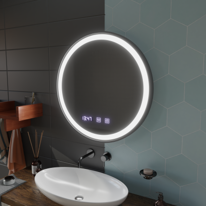 Oglinda LED Touch NOVARA Sistem Dezaburire, Ceas si Temperatura 70 cm Rama Negru Brushed ModernLight Concept
