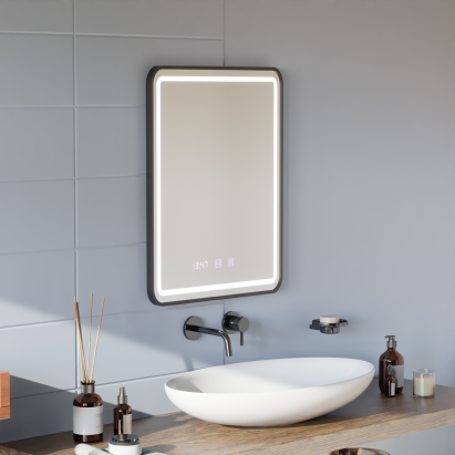 Oglinda LED Touch LUCIDA Sistem Dezaburire, Ceas si Temperatura 60x80 cm Rama Negru Brushed ModernLight Concept