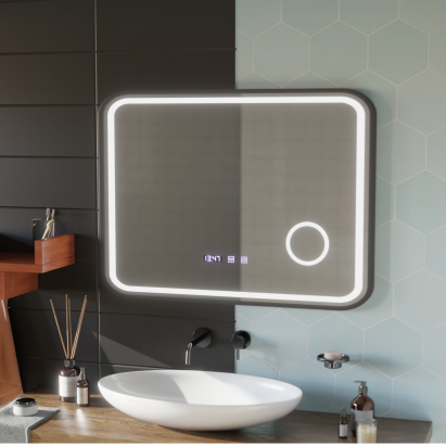 Oglinda LED Touch Bernd Sistem Dezaburire, Ceas si Temperatura 80x60 cm Rama Negru Brushed Lupa Cosmetica ModernLight Concept