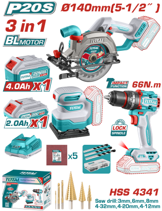 TOTAL - KIT COMBO 20V - FIERASTRAU CIRCULAR, MASINA DE GAURIT CU IMPACT, SLEFUITOR (INCLUDE 2 ACUMUL PowerTool TopQuality