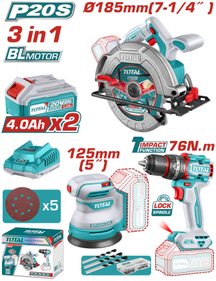 TOTAL - KIT COMBO 20V - 4.0Ah - FIERASTRAU CIRCULAR, SLEFUITOR , MASINA DE GAURIT CU IMPACT (INCLUDE PowerTool TopQuality