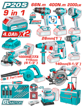 TOTAL - KIT COMBO 20V - 4.0Ah - BORMASINA, MASINA INSURUBAT, POLIZOR UNGHIULAR, ROTOPERCUTOR, FIERAS PowerTool TopQuality