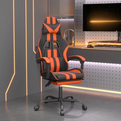 Scaun de gaming cu suport picioare, negru/oranj, piele eco GartenMobel Dekor