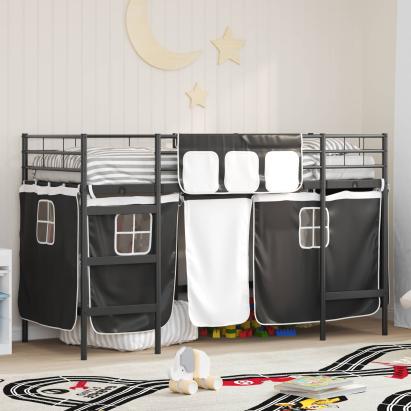 Pat loft pentru copii cu perdele, metal, negru, 75x190 cm