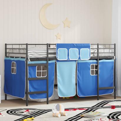 Pat loft pentru copii din metal cu perdele, negru/albastru, 107x201 cm