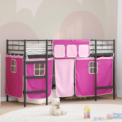 Pat loft pentru copii cu perdele, metal, negru/roz, 90x190 cm