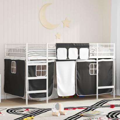 Pat loft pentru copii metalic alb-negru cu perdele, 90x190 cm