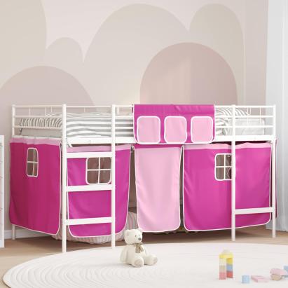 Pat loft pentru copii cu perdele, metal alb roz, 90x190 cm, 107x201 cm