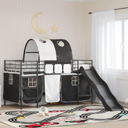 Pat loft pentru copii cu tobogan si perdele, negru, otel, 90x190 cm